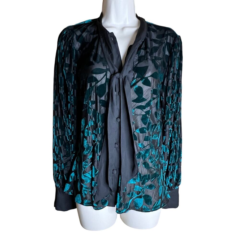 Unique Vintage Black Sheer Burn Out Velvet Leaves Top M NWOT